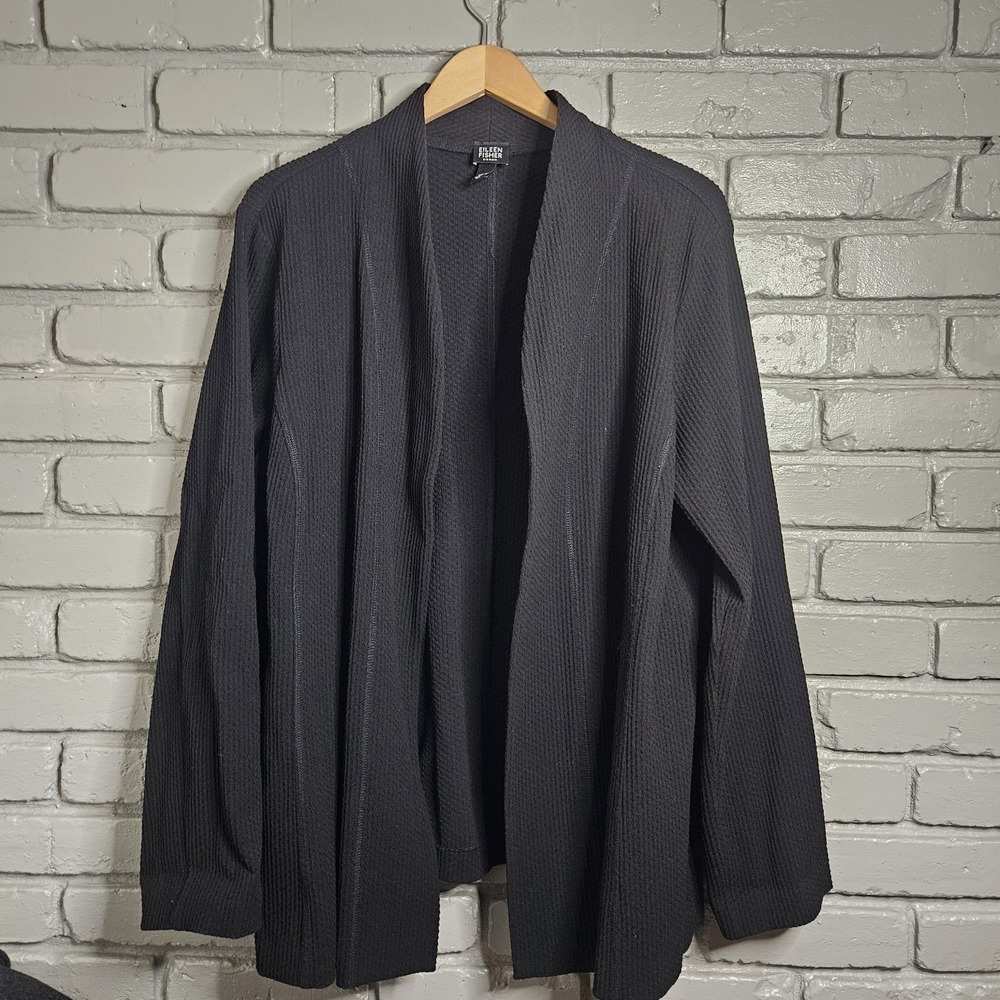 Eileen Fisher Womens Cardigan 2XL Open Front Black Textured Waffle Knit